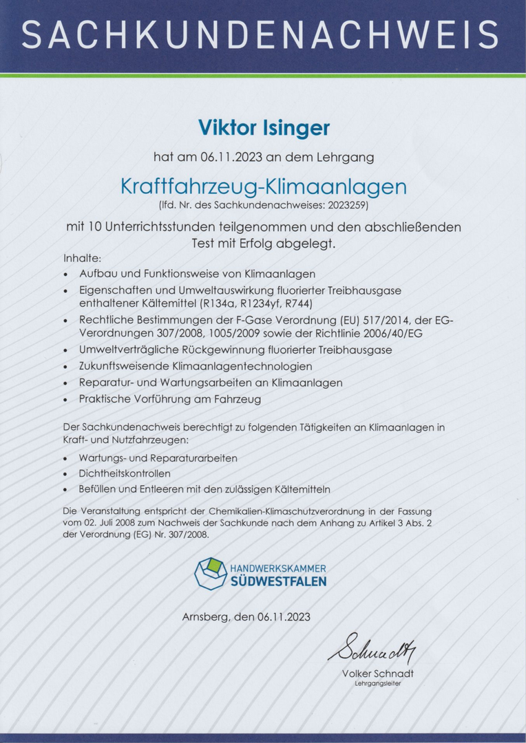 Sachkundenachweis Kraftfahrzeug-Klimaanlagen für Viktor Isinger, Handwerkskammer Südwestfalen, 6. November 2023