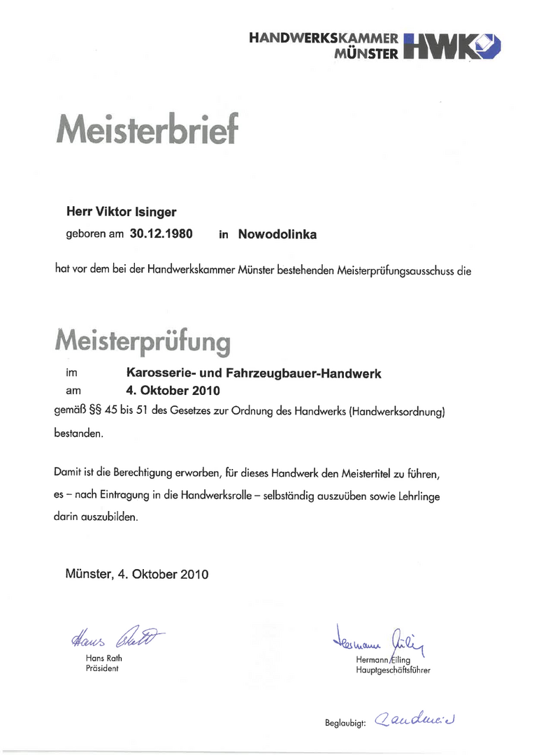 Meisterbrief der Handwerkskammer Münster für Viktor Isinger im Karosserie- und Fahrzeugbauer-Handwerk