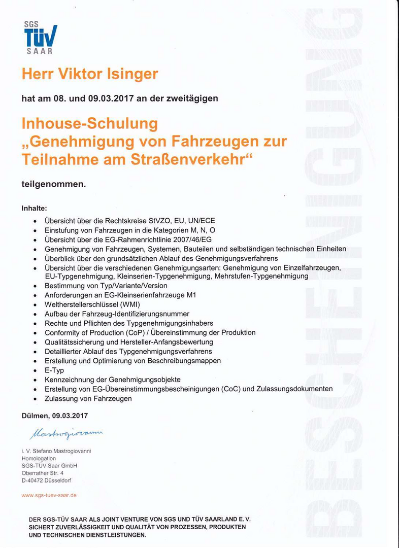 Genehmigung von Fahrzeugen zur Teilnahme am Straßenverkehr – Zertifikat von Viktor Isinger