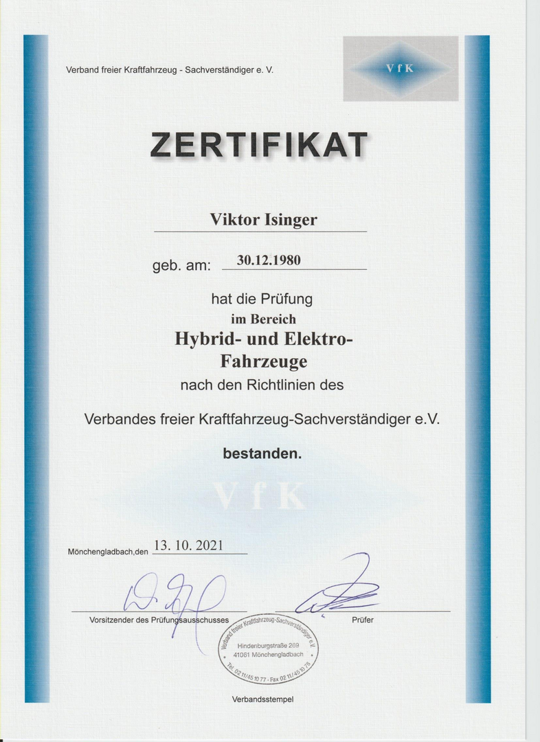 Hybrid- und Elektro-Fahrzeuge – Zertifikat von Viktor Isinger