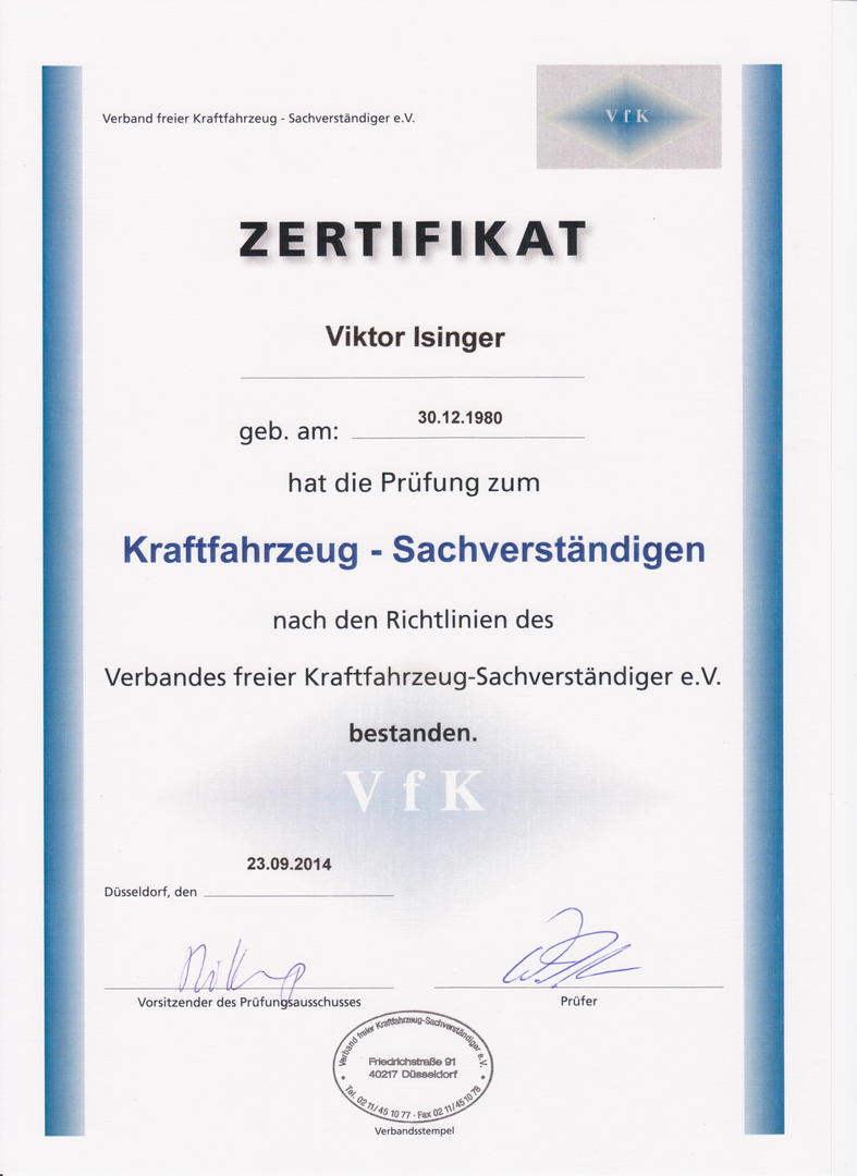 Kraftfahrzeug-Sachverständiger – Zertifikat von Viktor Isinger