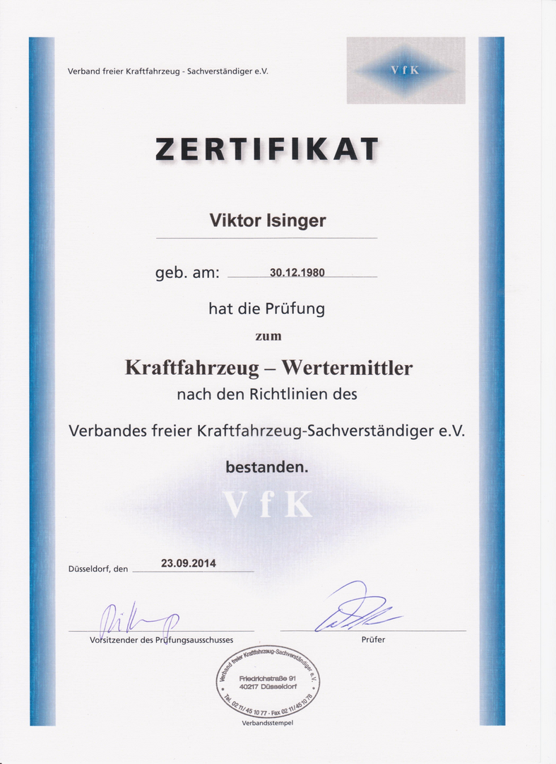 Kraftfahrzeug-Wertermittler – Zertifikat von Viktor Isinger